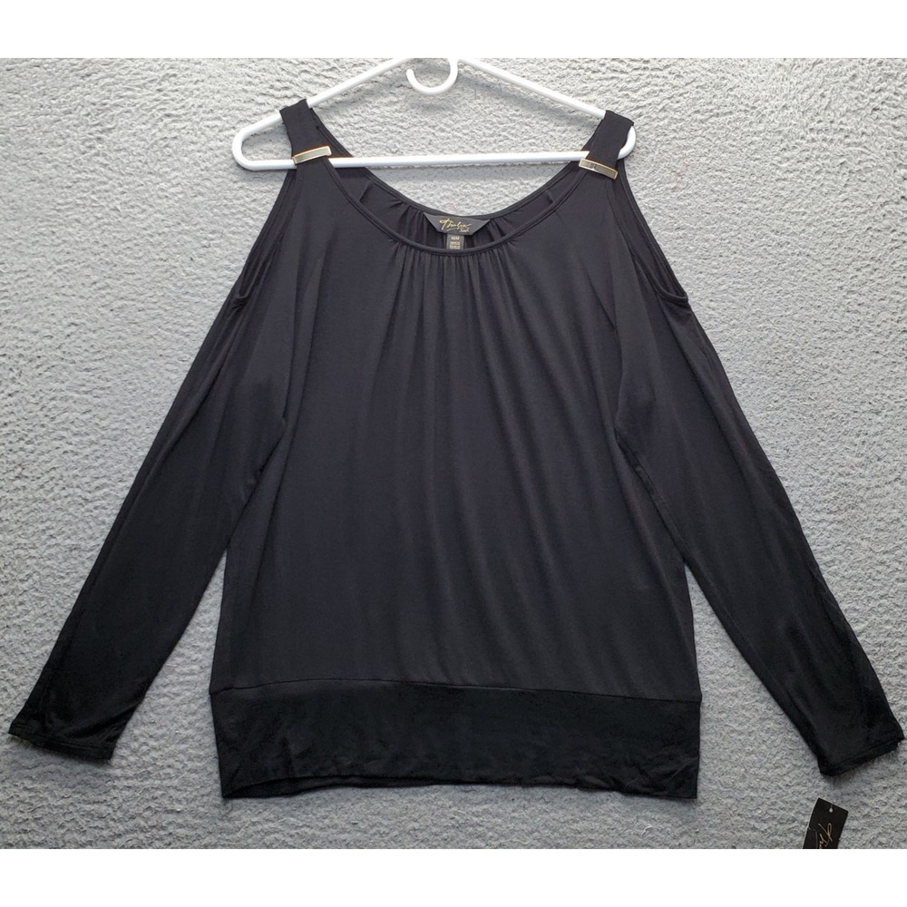 Thalia Sodi Blouse Top Womens Medium Black Long Cold Shoulder Sleeve Gold Accent